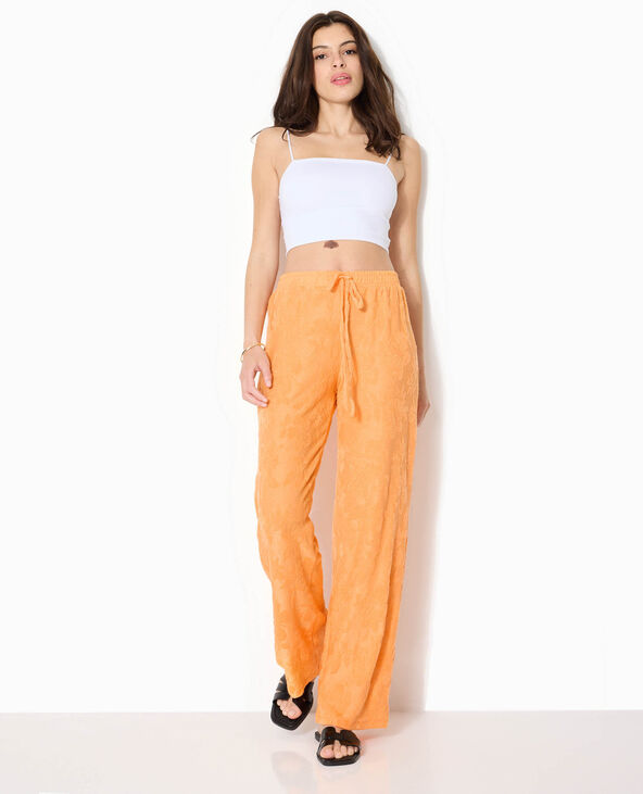 Pantalon ample en éponge jacquard motif fleurs orange - Pimkie