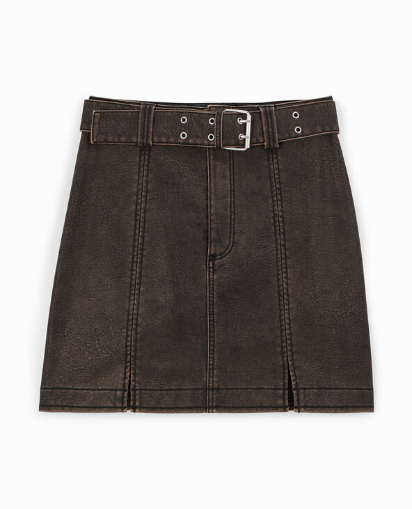 Jupe courte en simili avec ceinture marron - Pimkie