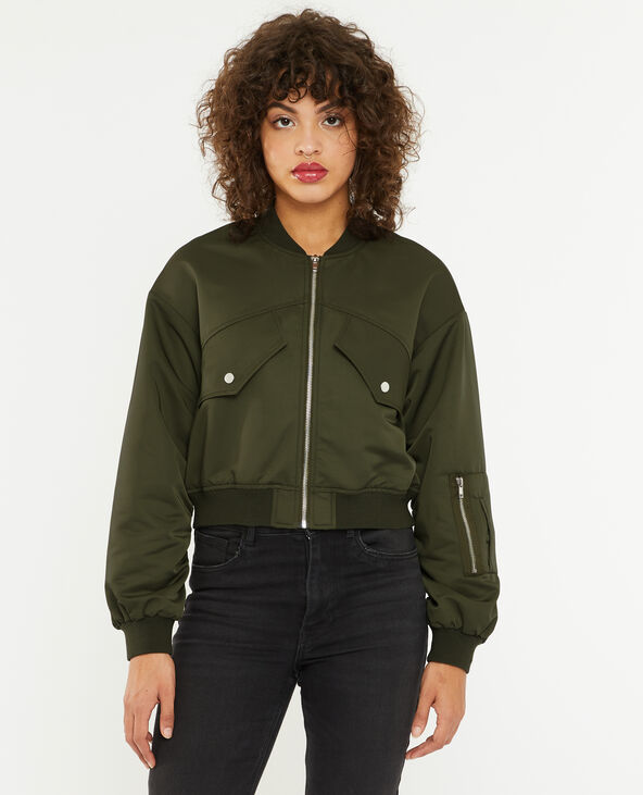Bomber court en tissu satiné vert kaki - Pimkie