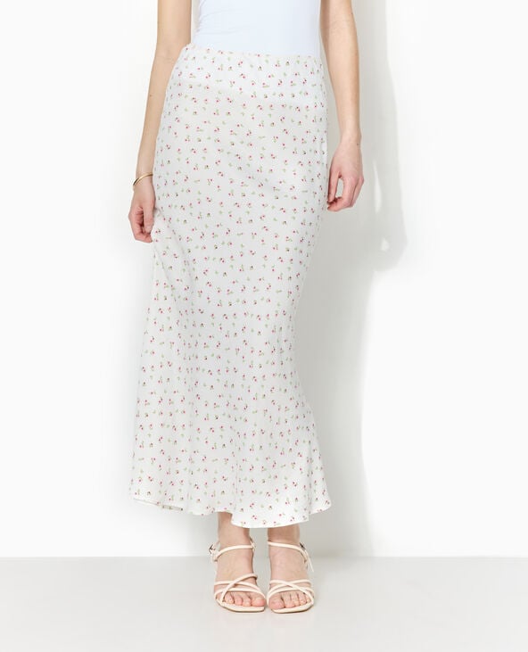 Jupe longue tissu satiné motif fleurs blanc - Pimkie