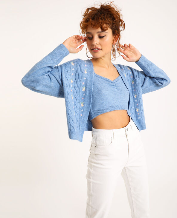 Gilet torsadé et brodé bleu - Pimkie