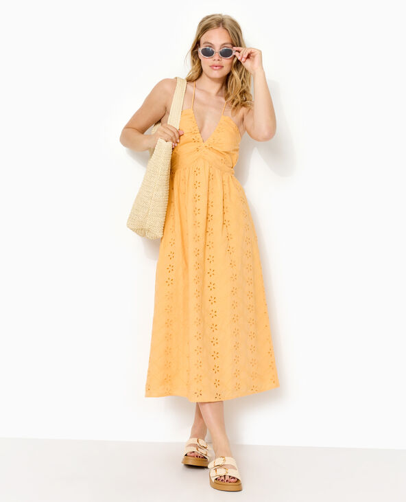 Robe longue en broderie anglaise bretelles croisées orange - Pimkie