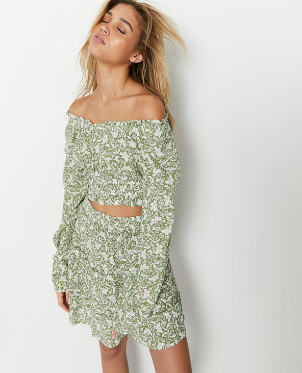 Blouse courte encolure Bardot motif fleurs vert - Pimkie