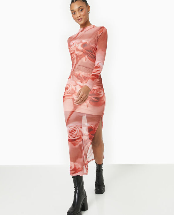 Robe longue en maille résille motif roses rouge - Pimkie