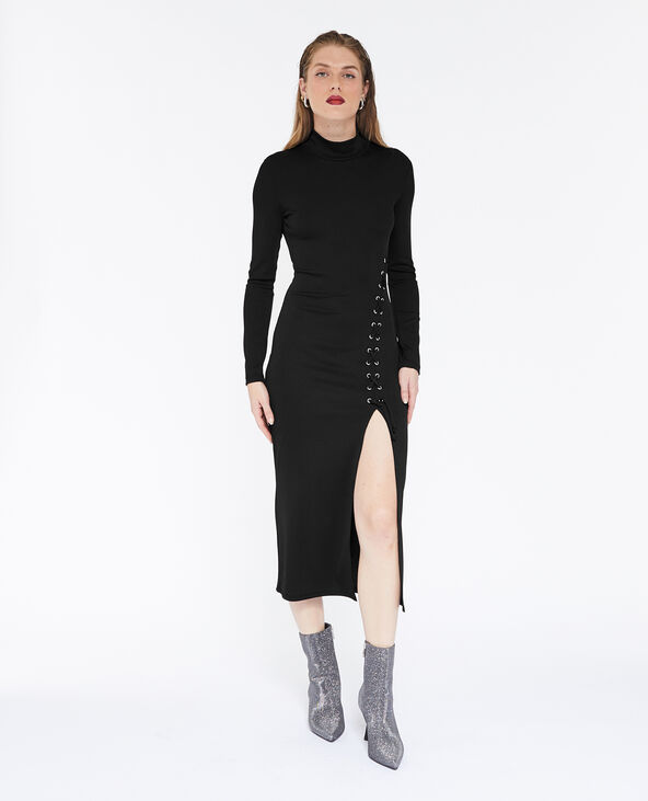 Robe longue en maille côtelée avec laçage  noir - Pimkie