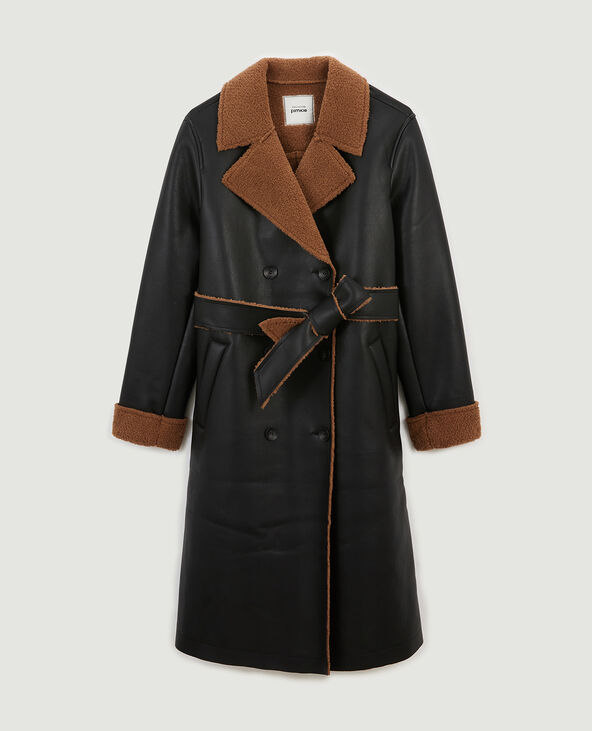 Manteau long simili et sherpa noir - Pimkie