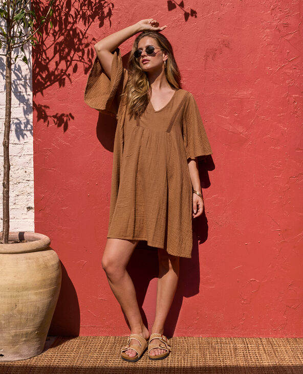 Robe courte et ample en gaze de coton marron - Pimkie