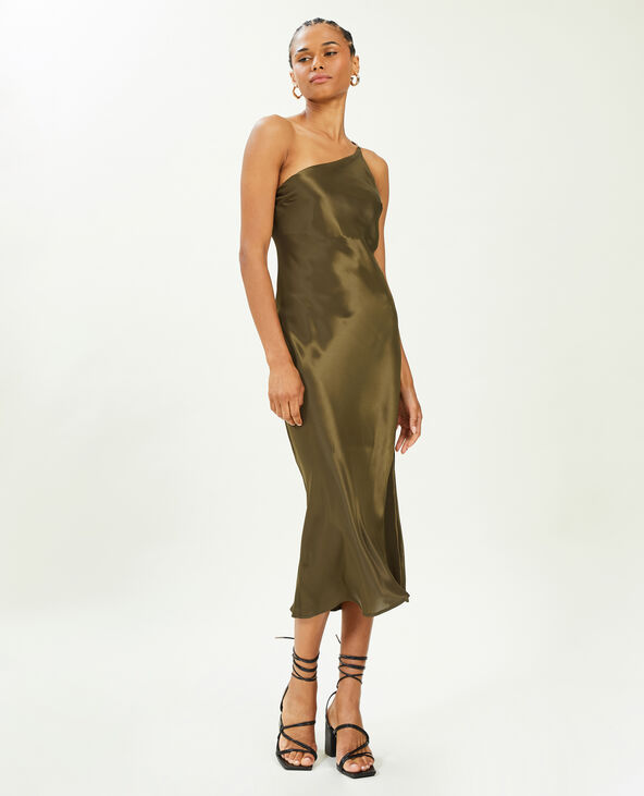 Robe asymetrique satinee avec bretelle bijou