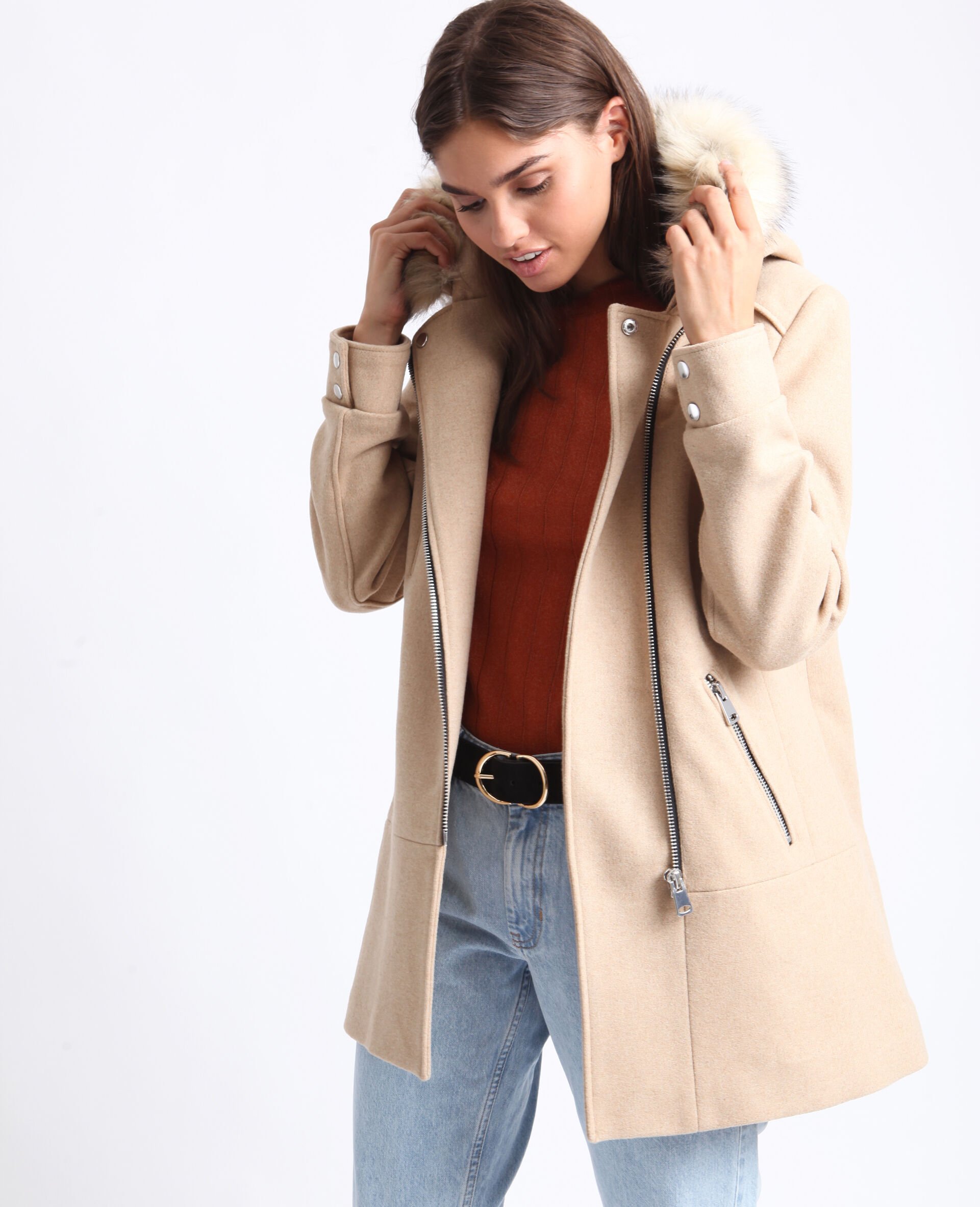 Manteau mi-long à capuche beige - 280181E13A0E | Pimkie