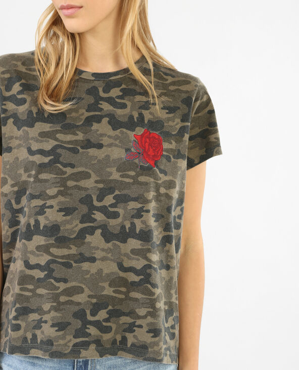 T-shirt army délavé broderie rose vert foncé - Pimkie