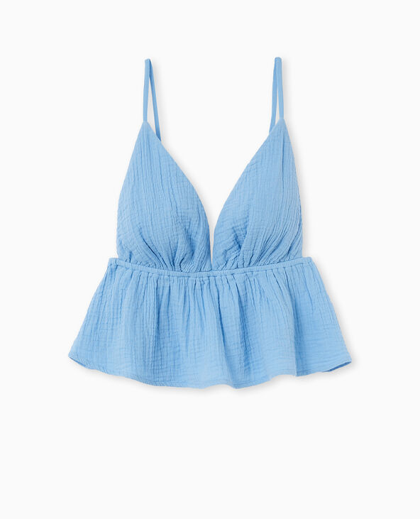 Top court à bretelles en gaze de coton bleu - Pimkie