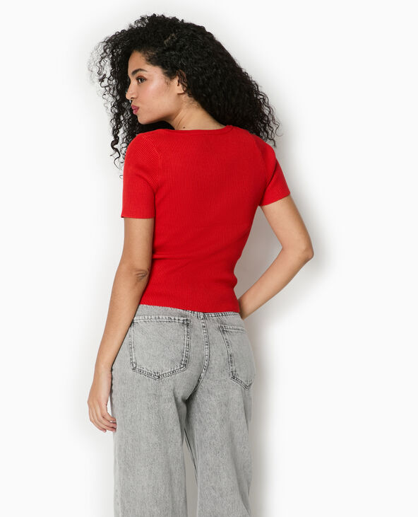 T-shirt boutonné en maille côtelée rouge - Pimkie