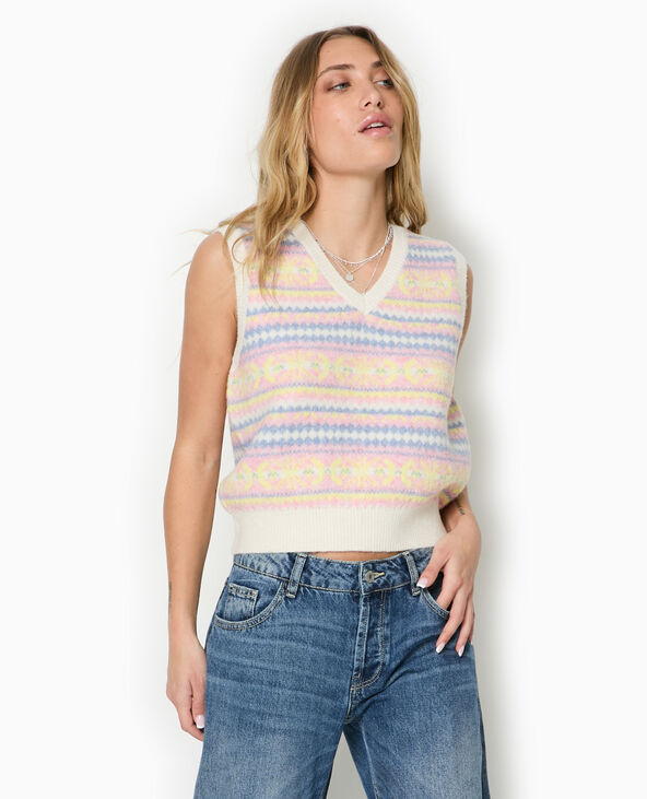 Pull sans manches col V motif jacquard blanc - Pimkie