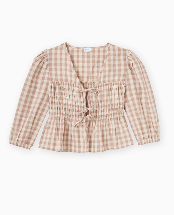 Blouse avec smocks et nouettes motif vichy beige chiné - Pimkie