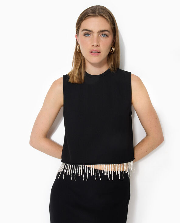 T-shirt sans manches avec franges de perles noir - Pimkie