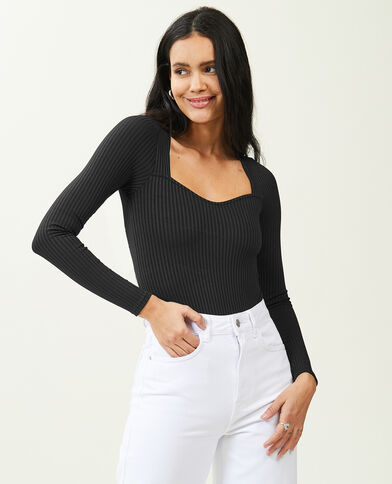 Body maille côtelée encolure cœur noir - Pimkie