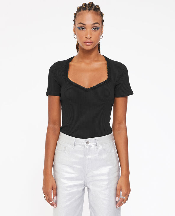 T-shirt encolure cœur avec dentelle noir - Pimkie