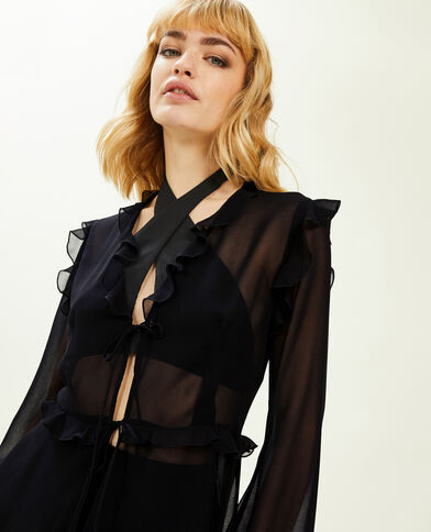 Longue blouse transparente avec volants noir - Pimkie
