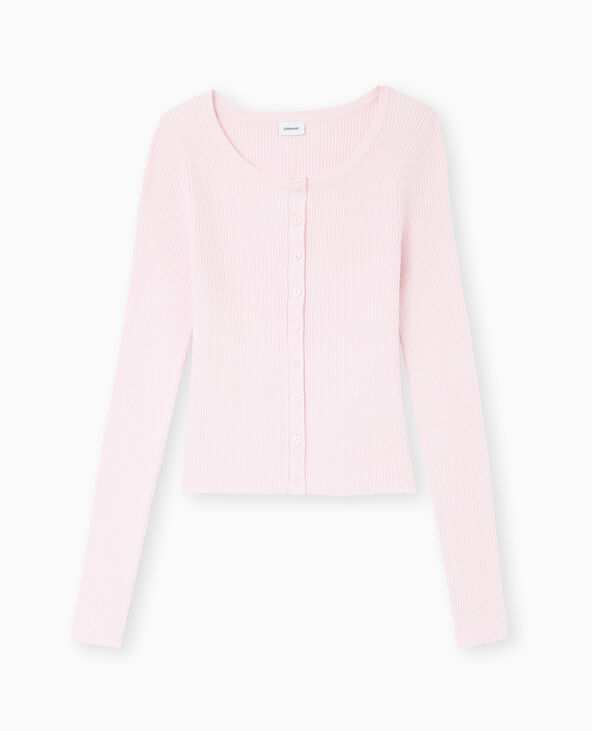 Gilet col rond en maille côtelée rose - Pimkie