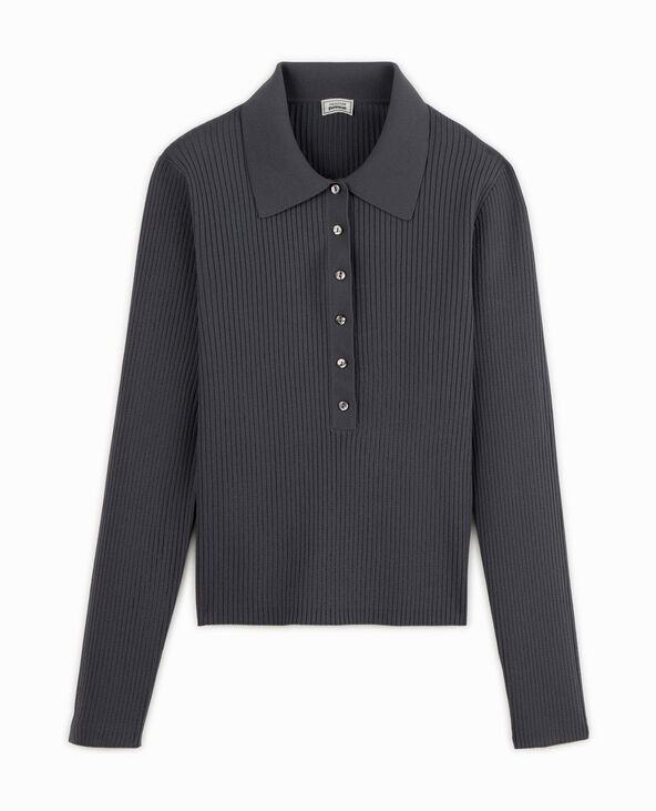 Pull col polo en maille côtelée gris foncé - Pimkie