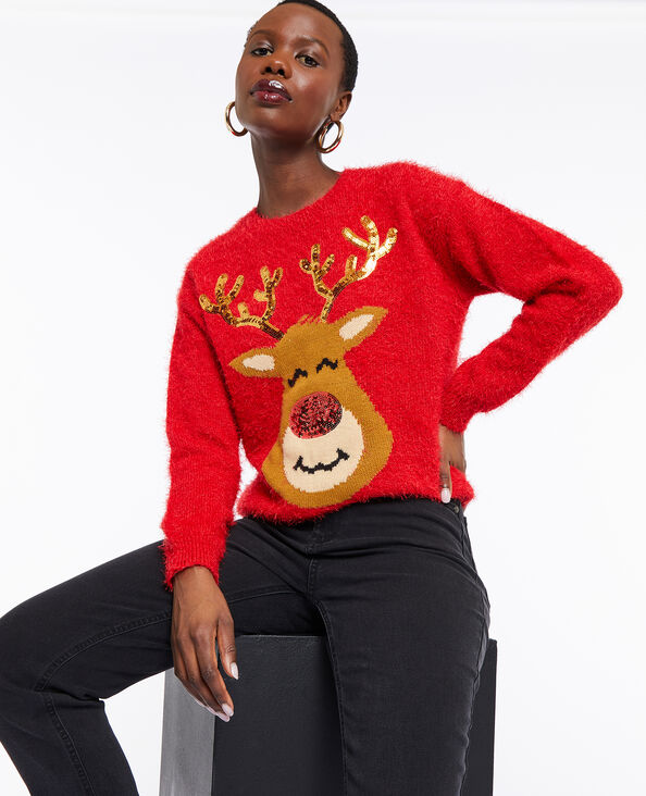Pull de Noël avec renne en maille et sequins orange - Pimkie