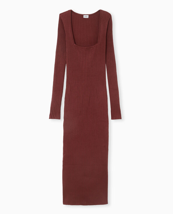 Robe longue en maille côtelée encolure carrée bordeaux - Pimkie