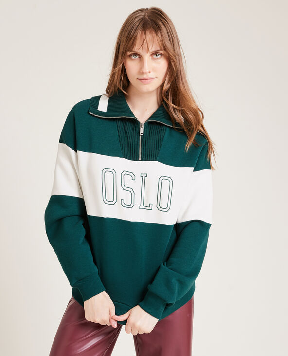 Sweat bi-matière col zippé vert - Pimkie