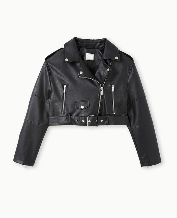 Blouson biker court avec ceinture noir - Pimkie