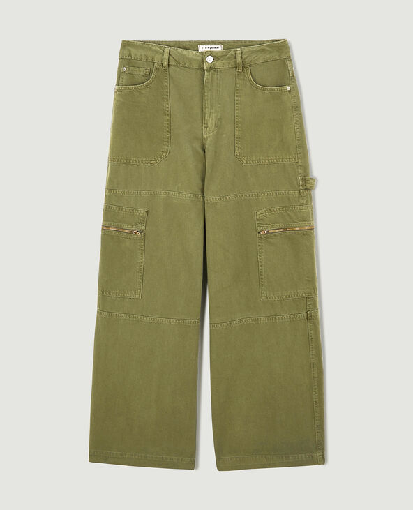 Pantalon ample cargo uni vert kaki - Pimkie