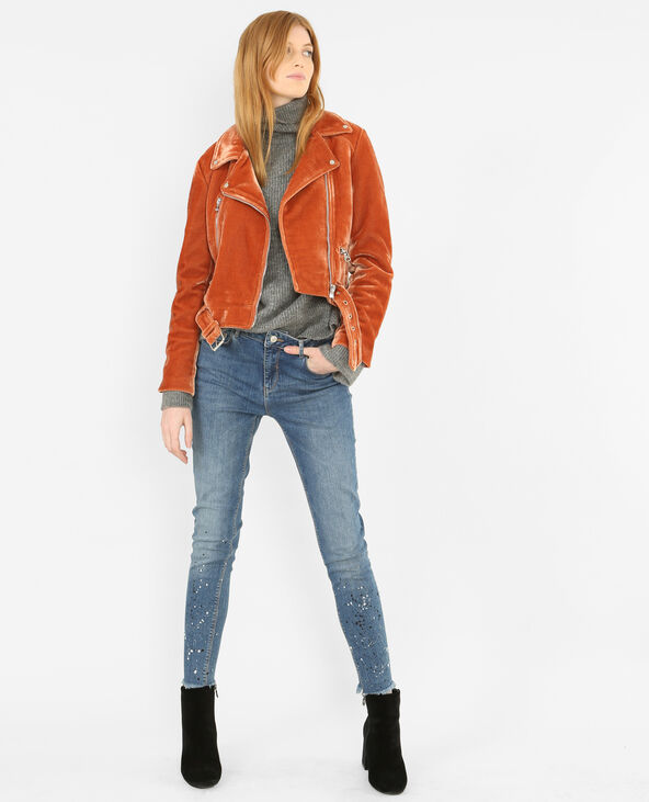 Veste biker effet velours orange - Pimkie