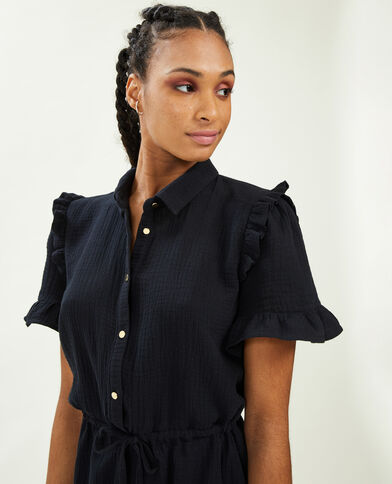 Robe courte boutonnée en gaze de coton noir - Pimkie