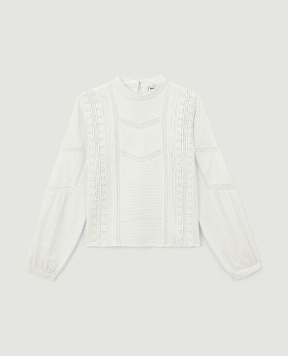 Blouse manches longues broderie et dentelle  blanc - Pimkie