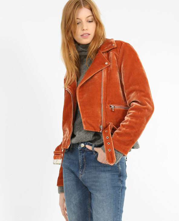 Veste biker effet velours orange - Pimkie