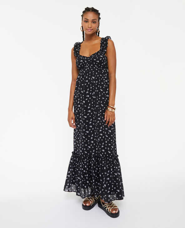 Robe longue motif fleurs avec volants noir - Pimkie