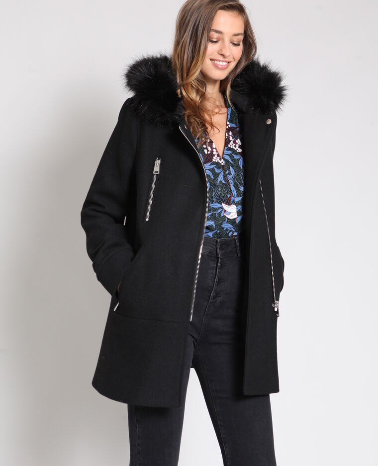 manteau femme capuche fourrure noir