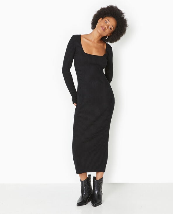 Robe longue en maille côtelée encolure carrée noir - Pimkie