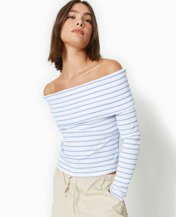 Top en maille côtelée encolure Bardot rayé bleu - Pimkie
