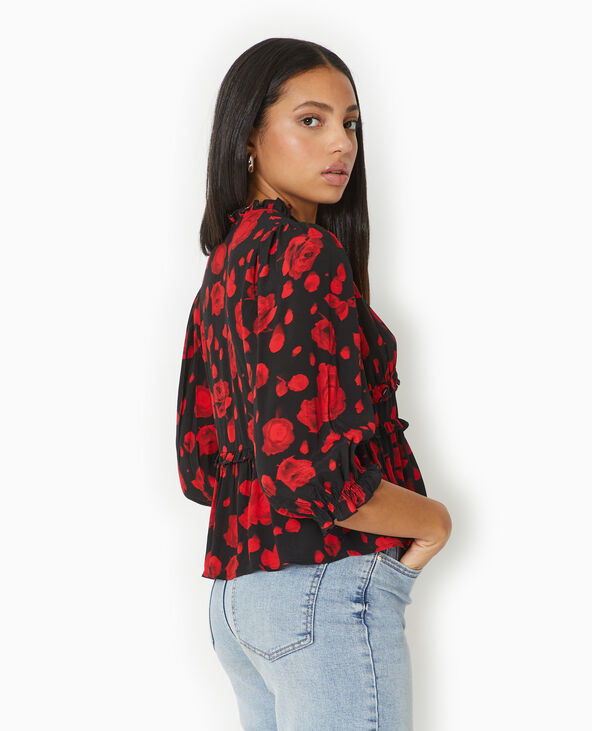 Blouse avec nouettes et volants motif roses noir - Pimkie