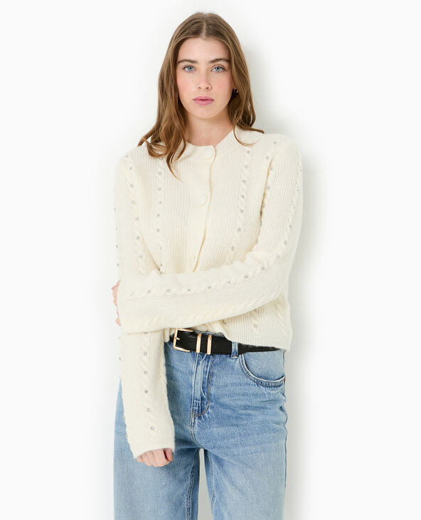 Gilet col rond avec torsades et strass blanc - Pimkie