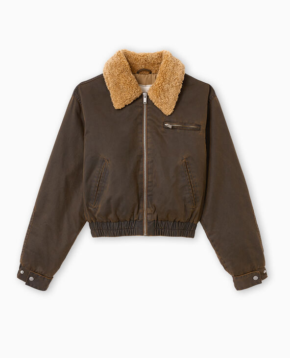 Bouson court en toile effet huilé avec col sherpa marron - Pimkie