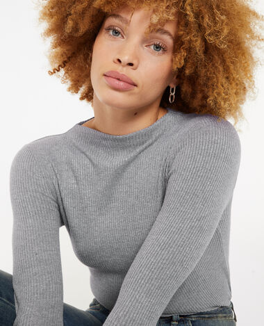 Pull fin en maille côtelée col cheminée gris foncé - Pimkie