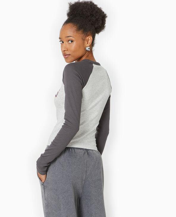 T-shirt manches longues raglans avec print devant gris chiné - Pimkie