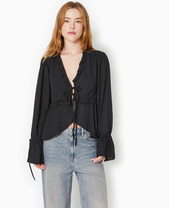 Blouse avec volants et nouettes noir - Pimkie