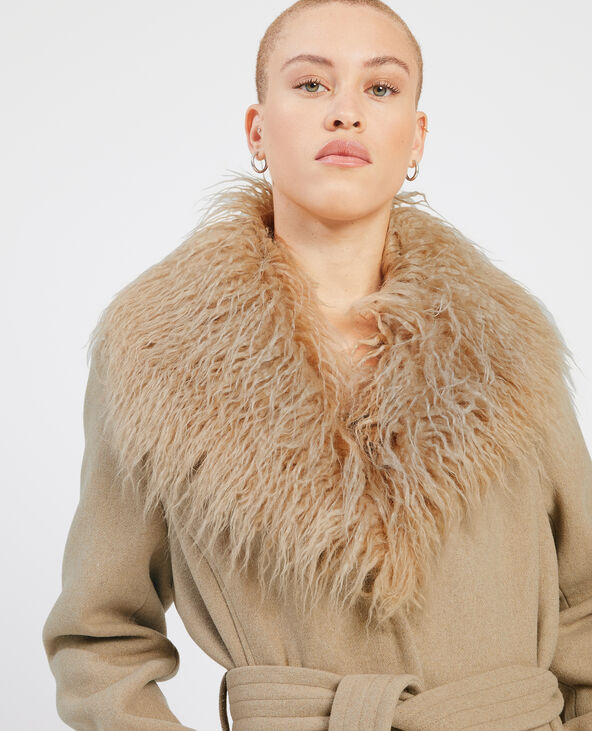 Manteau long col fausse fourrure