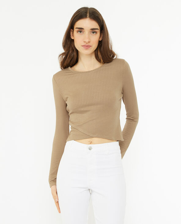 Top en maille côtelée effet croisé devant beige - Pimkie
