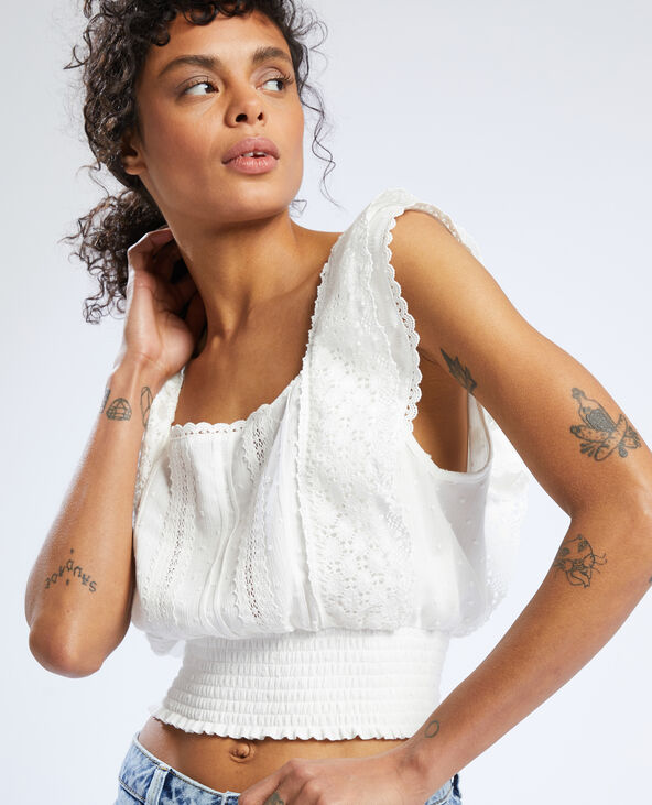 Top court dentelle et plumetis blanc - Pimkie
