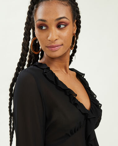 Blouse avec volants en voile noir - Pimkie