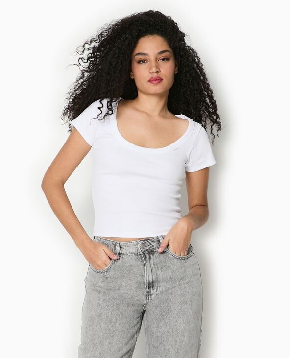 T-shirt maille côtelée grande encolure blanc - Pimkie