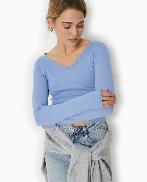 T-shirt court manches longues col V bleu clair - Pimkie