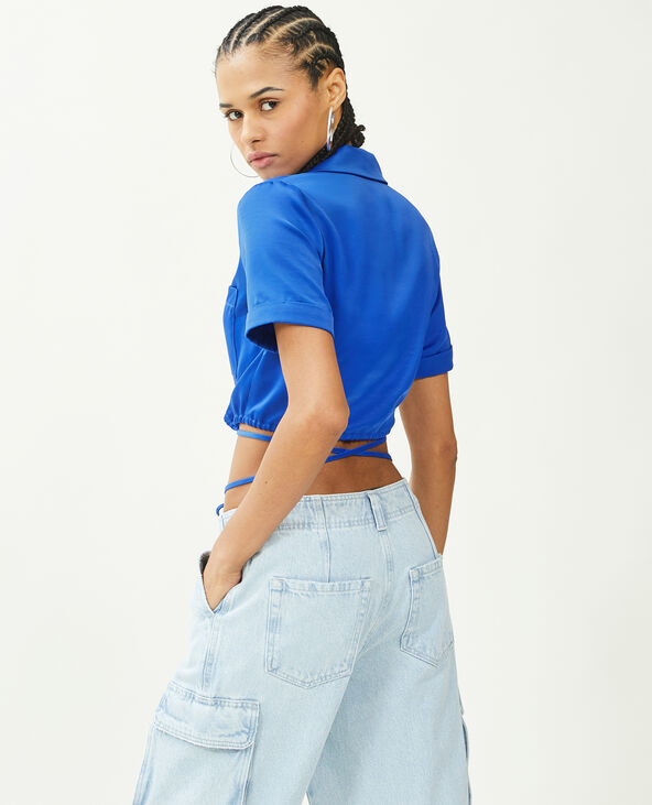 Chemise cropped en satin bleu électrique - Pimkie